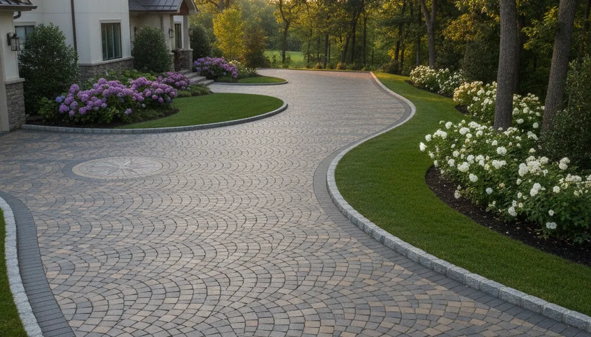 Curved paver driveway design in Stockton, CA showcasing custom landscaping and expert stone craftsmanship