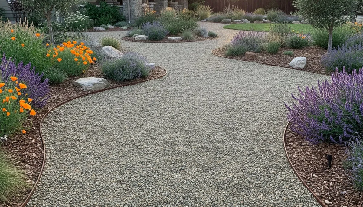 Pea gravel garden pathway installation in Stockton, CA with clean edging and natural drainage design