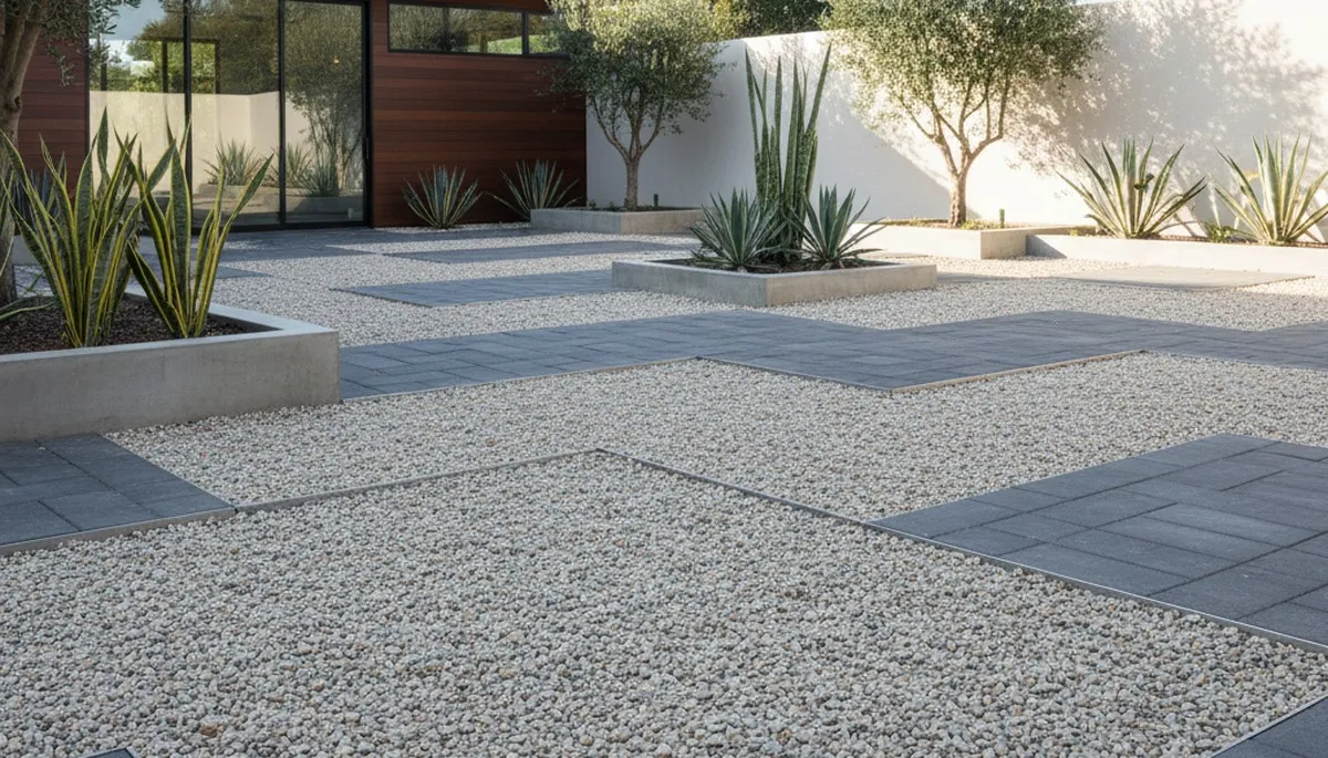 Modern minimalist pea gravel landscape design in Stockton, CA with clean lines and architectural plants