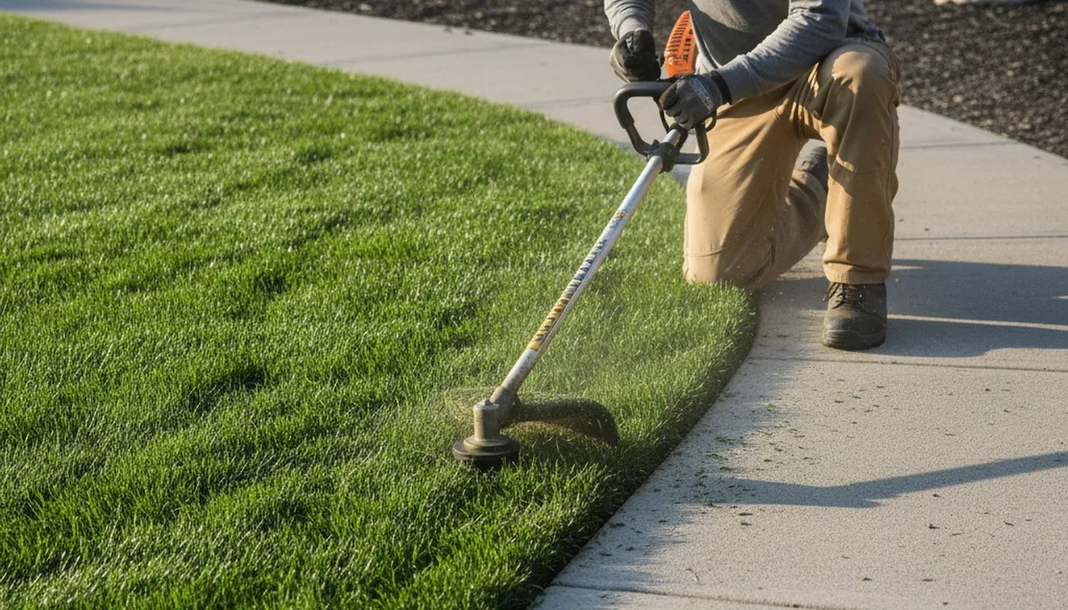 Technician edging lawn with string trimmer for clean borders in Stockton, CA landscaping service